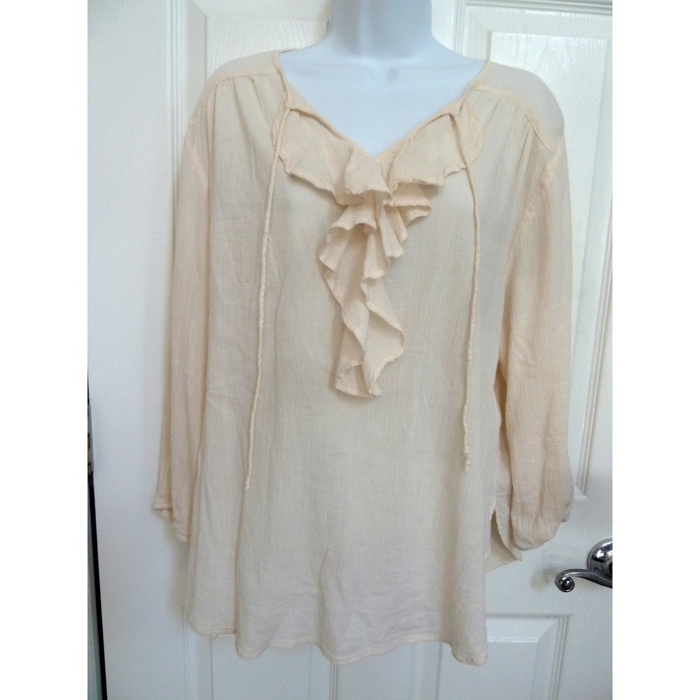 CHAPS Women Small Gauzy Ruffled Front Pullover Top Boho Peasant Off-White Blouse